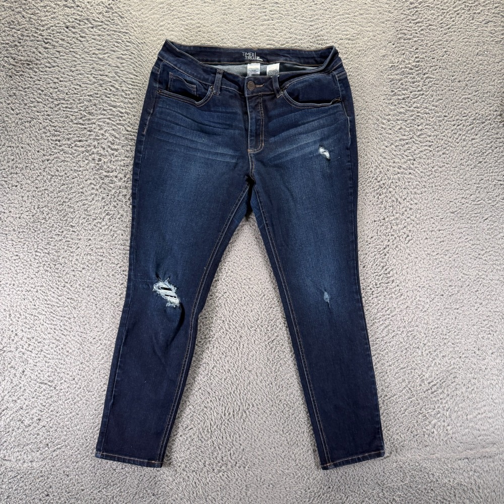 Time and Tru Jeans Womens 14 Blue Cotton Denim Skinny Faded Distressed Stretch